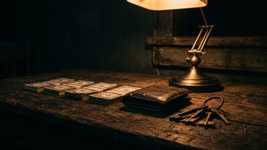 Buku catatan keuangan dan dompet di atas meja kayu